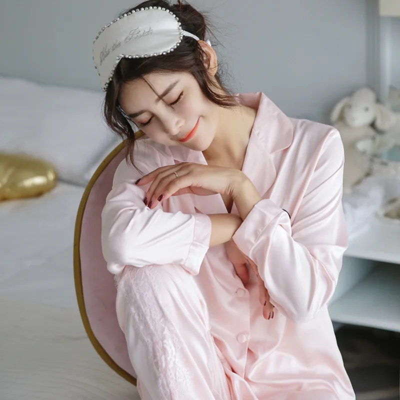 

Lapel embroidered pajama woman autumn simulation silk thin cardigan long sleeve home wear suit trousers loose sleepwear
