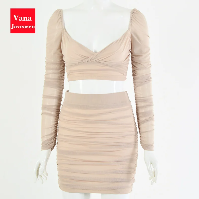 

Two-piece Set Women's Clothing See-through Sexy Mesh Long-sleeved Cropped Top Pleated High Waist Bodycon Mini Skirts 2PCS Set