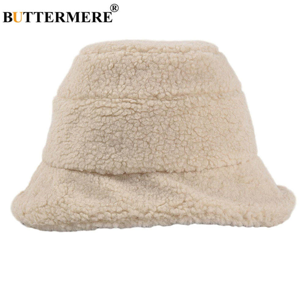 

BUTTERMERE Lamb Wool Bucket Hat Womens Japanese Harajuku Women Hat Autumn Winter Warm Vintage Wide Beige Brim Fisherman Cap