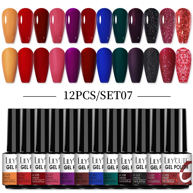 

LILYCUTE 7ML Nail Gel Polish Set Semi Permanent Soak Off Hybrid Gel Varnish Base Top Matte Coat Needed UV LED Gel Nail Varnishes