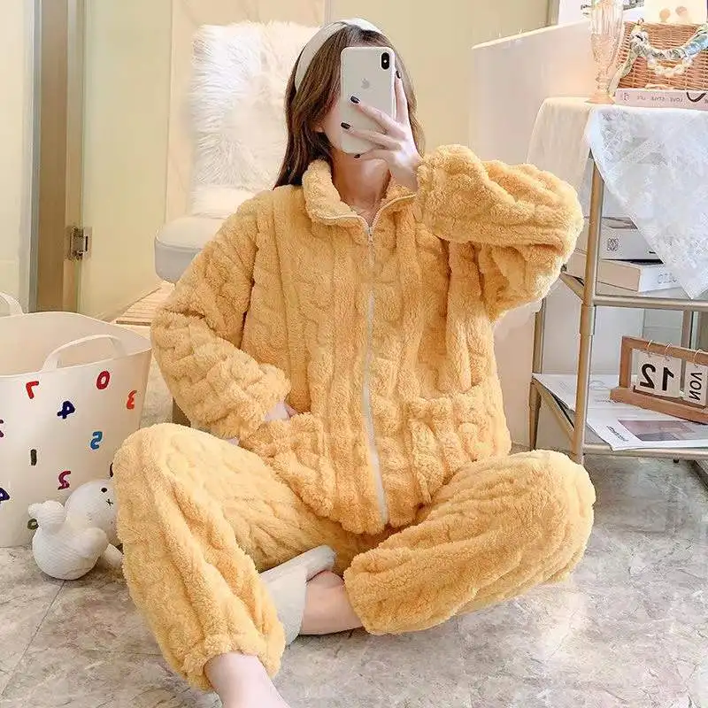 Winter Warm Flannel Women Pajamas Sets Coral Fleece 2 Pieces/Sets Long-Sleeved Trousers Sleepwear Casual Loose Homewear