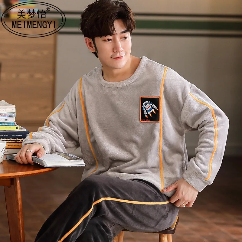 

2020 фланелевая Мужская пижама с круглым вырезом, теплая Пижама, удобная японская Корейская осенне-зимняя одежда для сна с длинными рукавами