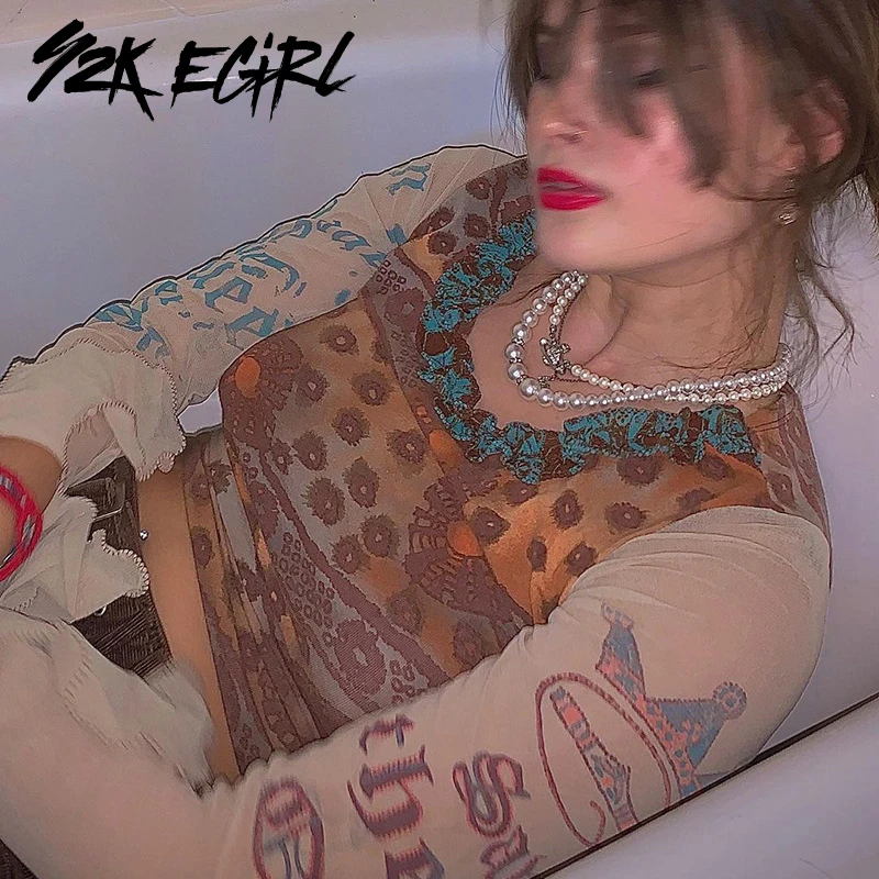

Y2K EGIRL Indie Aesthetics Retro Pattren Transparents Mesh Tops Vintage 90s Fashion Printing Flare Sleeve T-shirts Chic Autumn