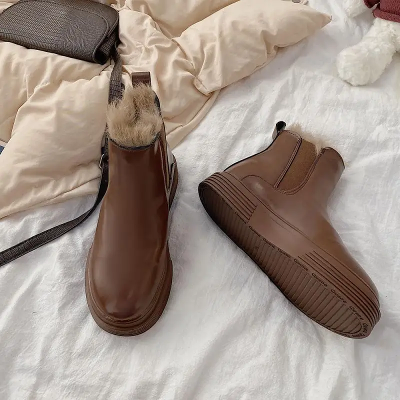 

Ankle Boots for Women Fashion Platform Boots Female Winter Warm 2020 Slip On Black Shoes Woman Booties Chaussures Fur Bottine 40