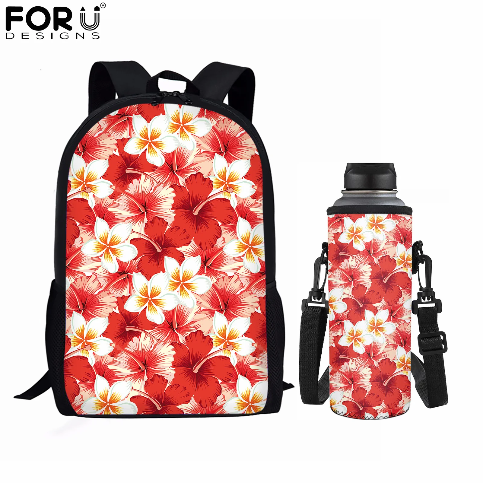 

FORUDESIGNS Red Hibiscus Plumeria Pattern Schoolbag for Teen Girls Large Capacity Backpack Cup Case 2pcs Set Canvas Shoulder Bag