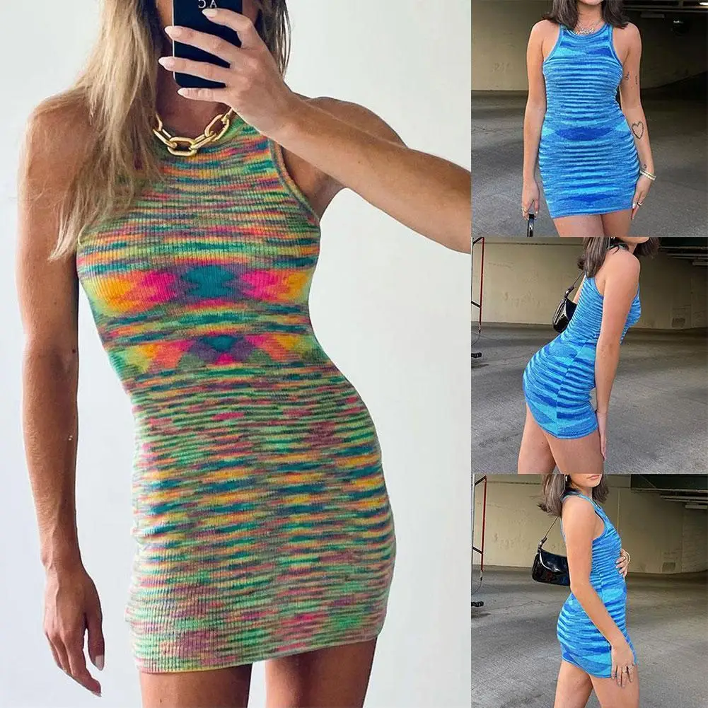 

Fashion 2021 women's Rainbow Knitted Casual Bodycon Sleeveless Mini Dress dresses Dress Blue Tank Summer Women Yellow Sexy N7I5