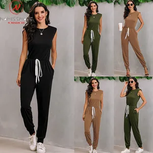 Women Solid Color Jumpsuits Drawstring Shrinkage Hollow Out Design Pockets Decor O-Neck Sleeveless Slim Pullovers Jumpsuits