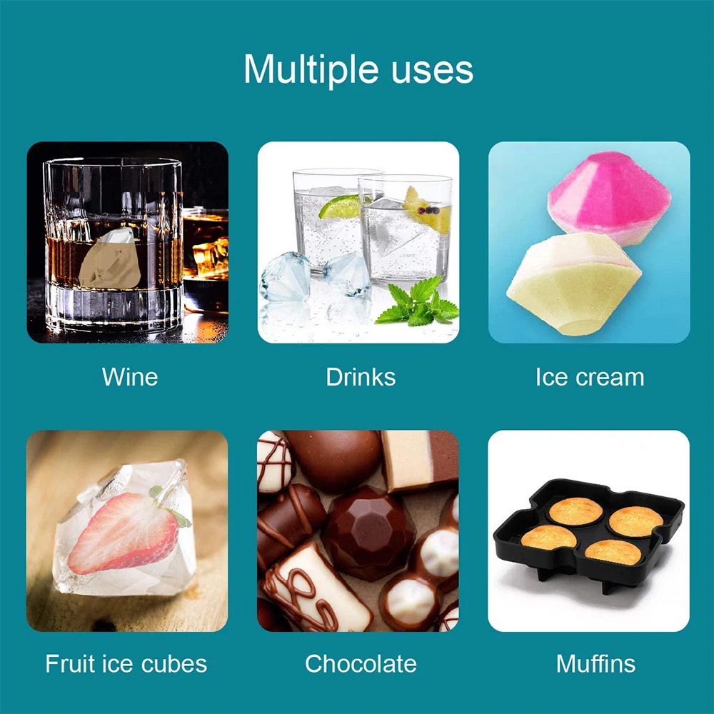 

Diamond Ice Cube Tray Reusable Ice Cubes Maker 3D Silicone Ice Cream Molds DIY Chocolate Whiskey Wine Cocktail Mould 4-Cavity