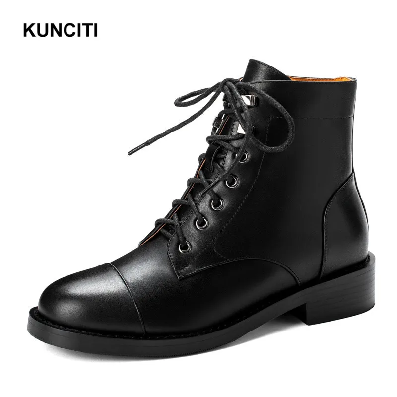 Black Short KUNCITI/ботильоны martin; Винтажные ботинки в байкерском стиле из натуральной кожи; женская зимняя обувь черного цвета; женские короткие ботинки с заклепками; D9257 - Цвет: Black Short