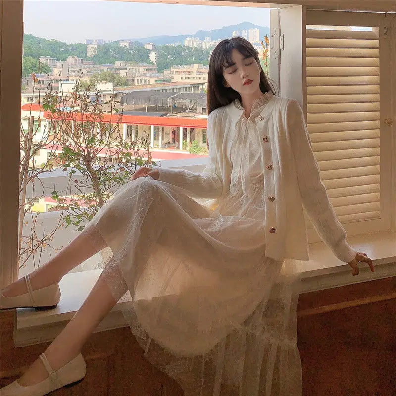 

White Elegant Dress Women Casual Long Sleeve Lace Fairy Party Dress Sweet High Waist Bow Female One-Piece Autumn 2020 Korean