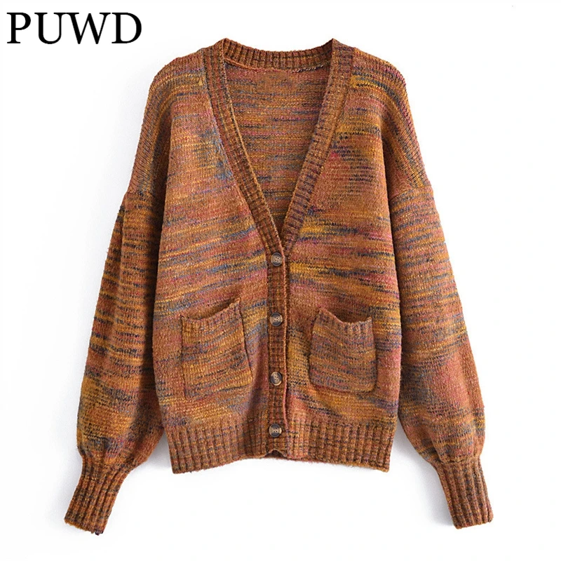 

Женский трикотажный кардиган с рукавами-фонариками и V-образным вырезом