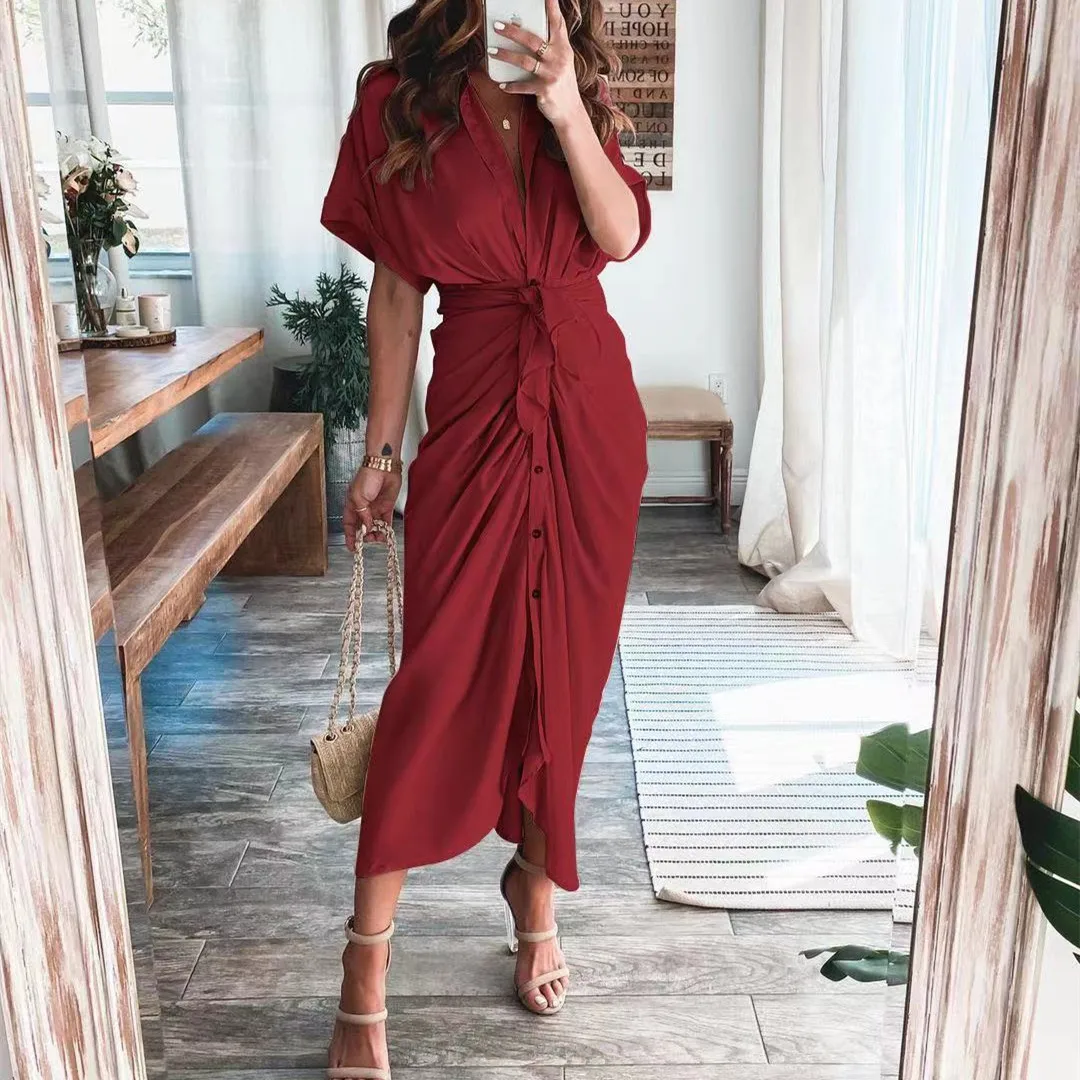 

Women Summer Button Ruched Bandage Shirt Dress Elegant Short Sleeve Solid V Neck Beach Maxi Dress Casual Fashion Split Vestidos