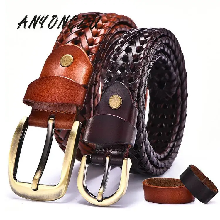 ANYONGZU Design Luxury 100% cowhide Belt Men Hand Woven Casual Versatile Simple Fashion For All around Jeans 100 105 110 115 120