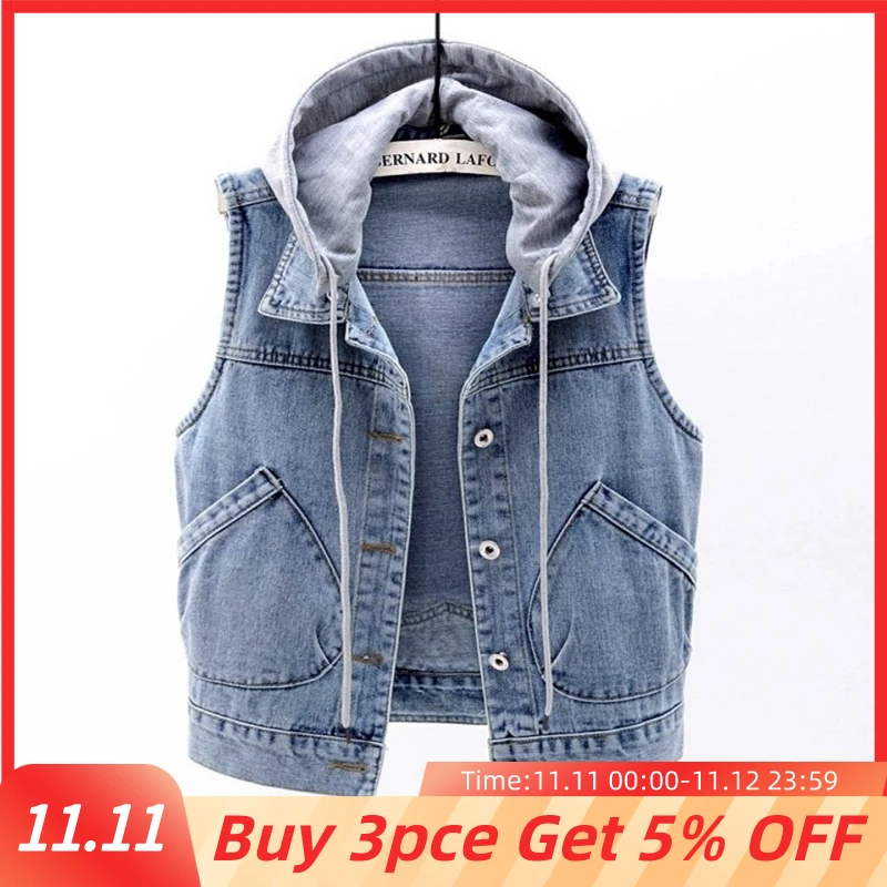 

Denim Vest Women Short 2021 Spring New Hooded Big Pocket Sleeveless Jacket All-Match Slim Top Cardigan S-XXXXL