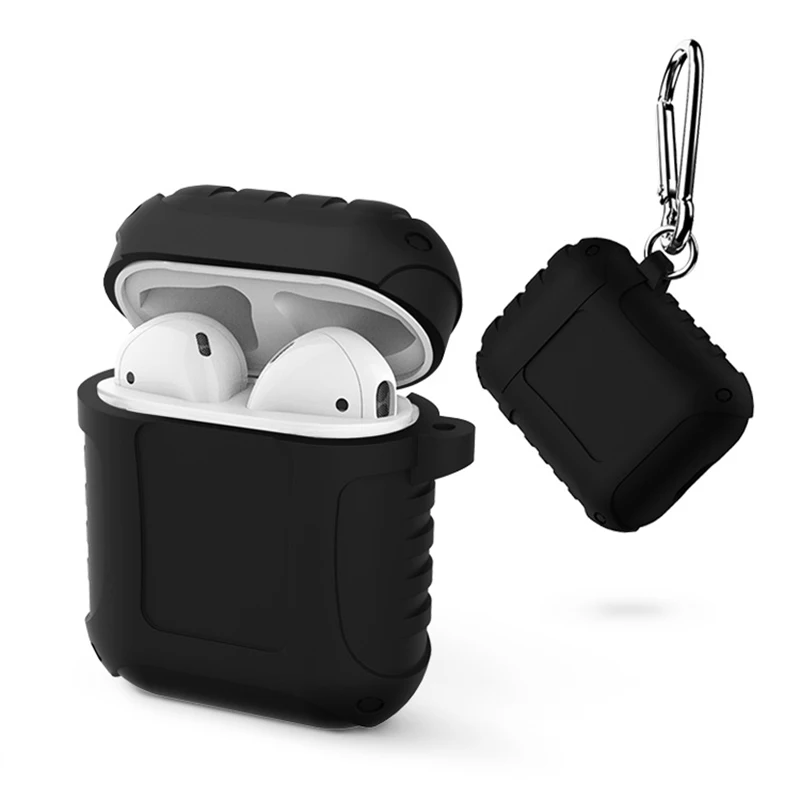 black Армированный силиконовый чехол для Apple Airpods 2, противоударный чехол s, Мягкий защитный чехол для Airpods 1, брелок с защитой от потери - Цвет: black