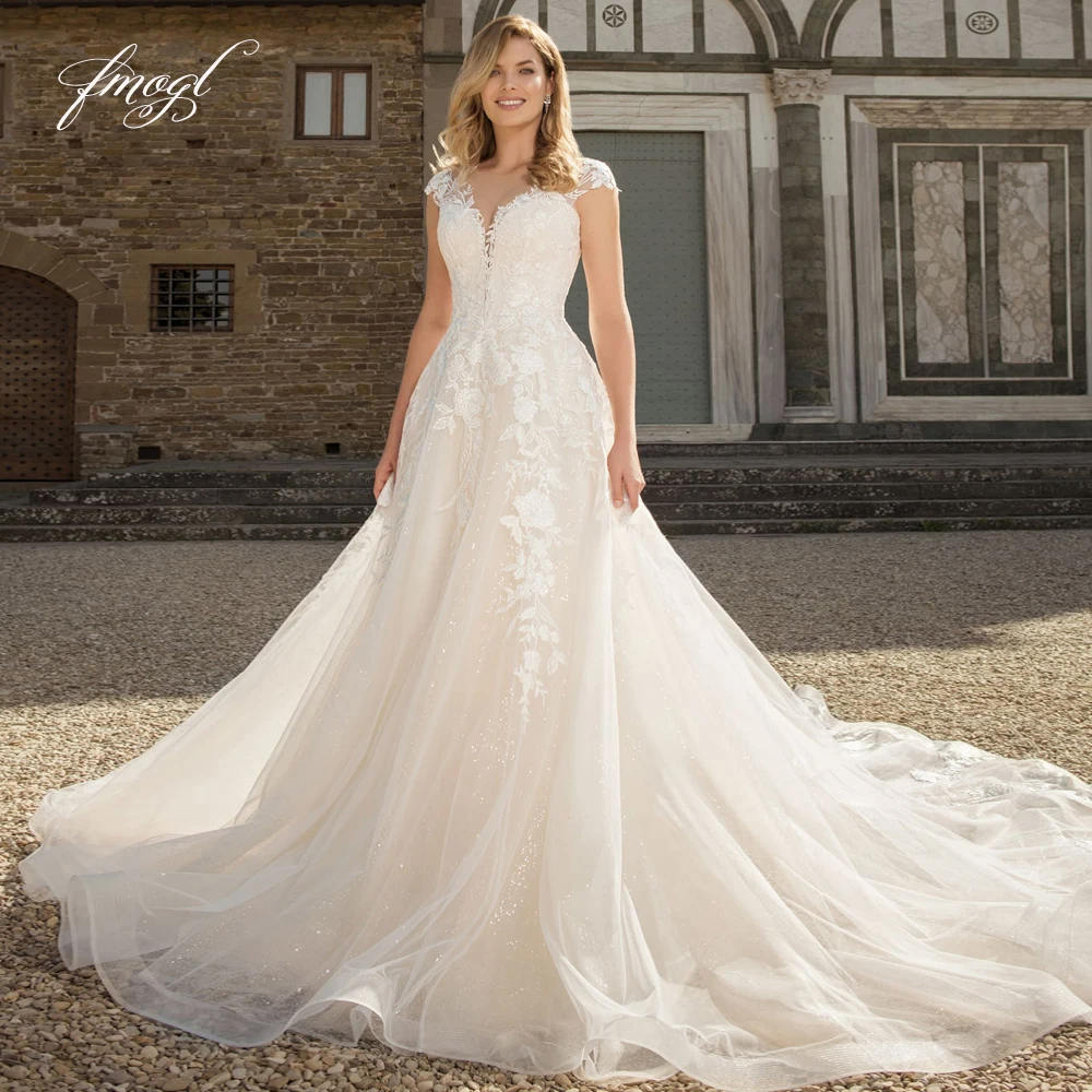 

Fmogl Scoop Neck Cap Sleeve Lace Vintage Wedding Dresses 2020 Luxury Appliques Court Train A Line Bridal Gowns Plus Size