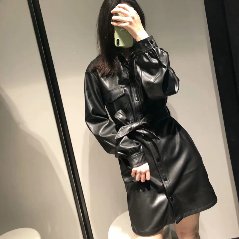 Осеннее женское платье повседневное однотонное из искусственной кожи с