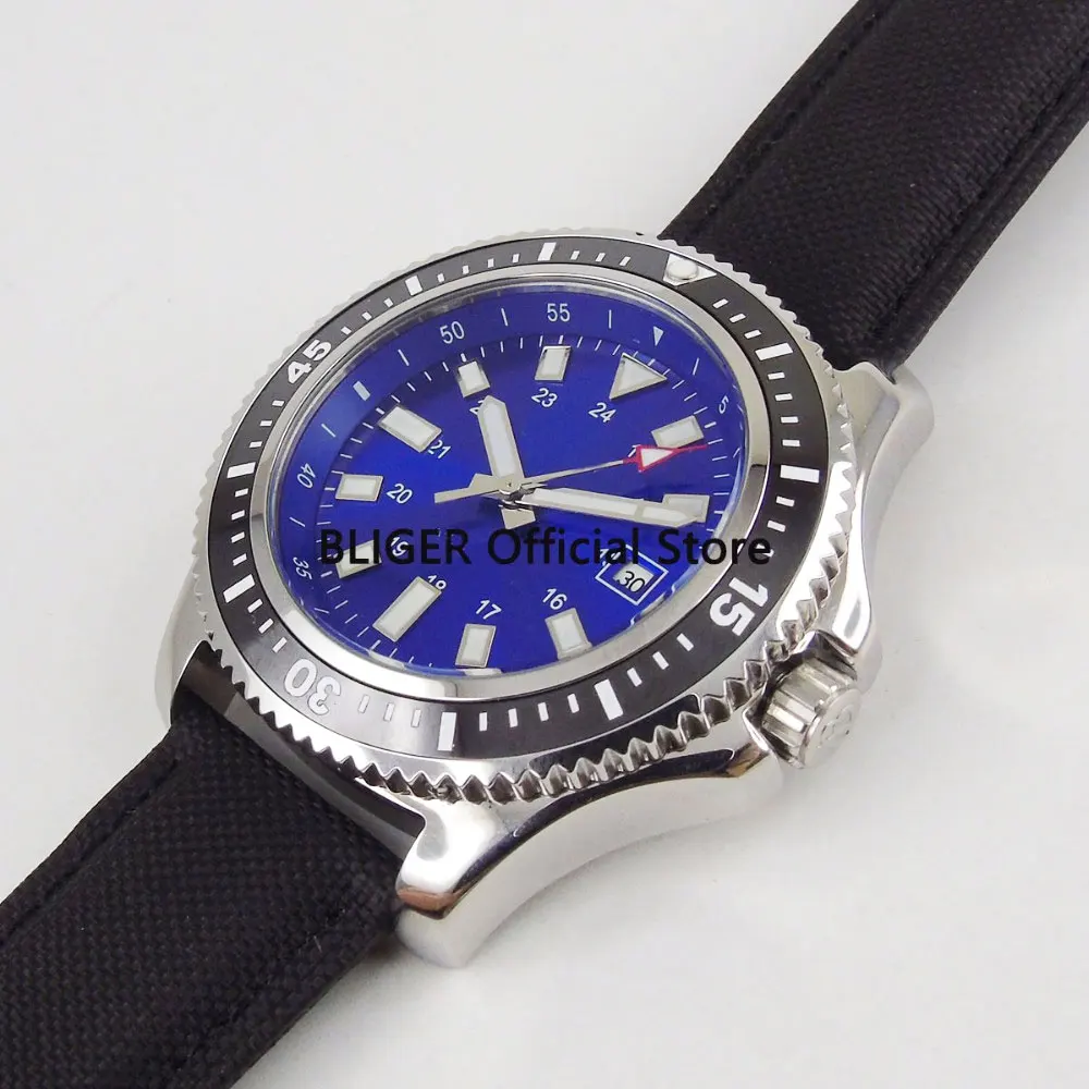 

BLIGER 44mm Automatic Men Wristwatch Sterile Blue Dial Date Function Rotating Bezel Leather Strap