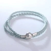 shine blue leather bracelets for women silver 925 jewelry signature round clasp woven chain braided rope charms bracelet diy