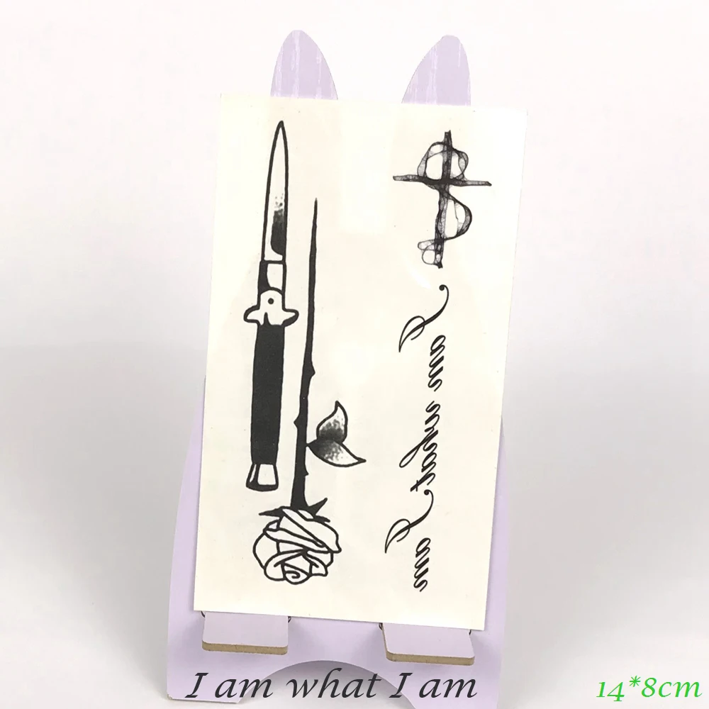 Водонепроницаемый Временные татуировки Кинжал нож крест с цветами розы &quotя то