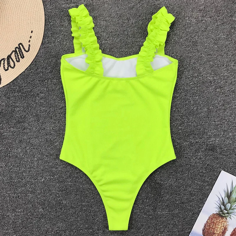 2022 New Sexy Neon Green Ribbed Swimwear One Piece Swimsuit Women Ruffled Monokini Female Thong Bathing Suit Swim Bodysuit