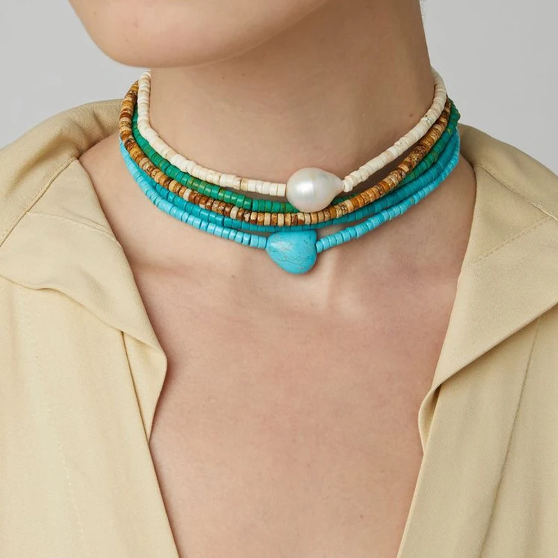 Многослойное короткое ожерелье из натурального камня с жемчугом в стиле барокко