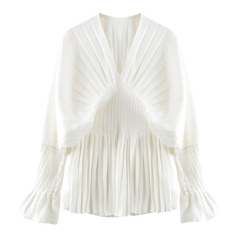 

LANMREM 2021 Spring Long Shirt Flare Sleeve Women's Pleated V-neck Elegant High Waist Slimming Street Wear Cute Shirt 2A536