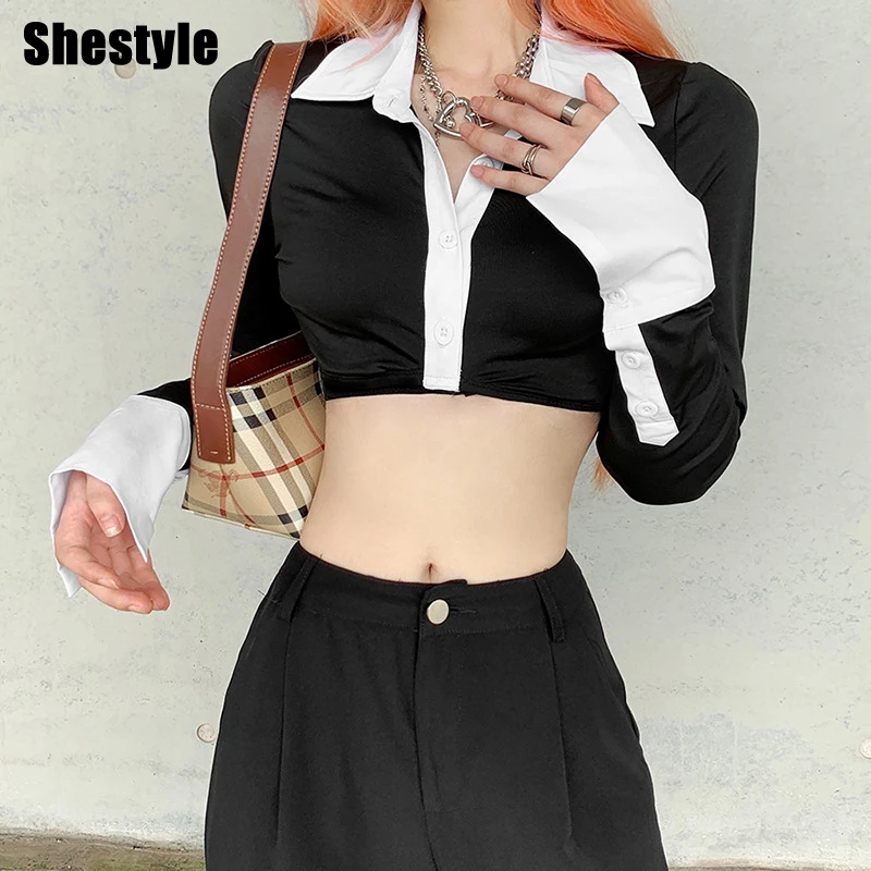 

Женские укороченные топы Shestyle с длинным рукавом и воротником-поло, суперкороткие черные футболки на пуговицах в стиле пэчворк для джазовых ...