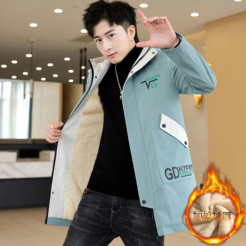 New Autumn Winter Mid-Long Length Fleece Hooded Jackets Men's Thick Warm Windbreaker Streetwear Plush Lining Tops Coat For Youth