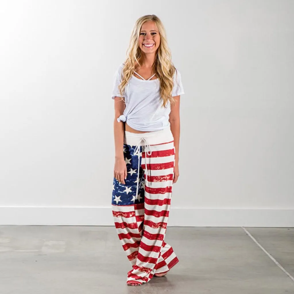 Женские брюки с цветочным принтом изображением американского флага шнурок