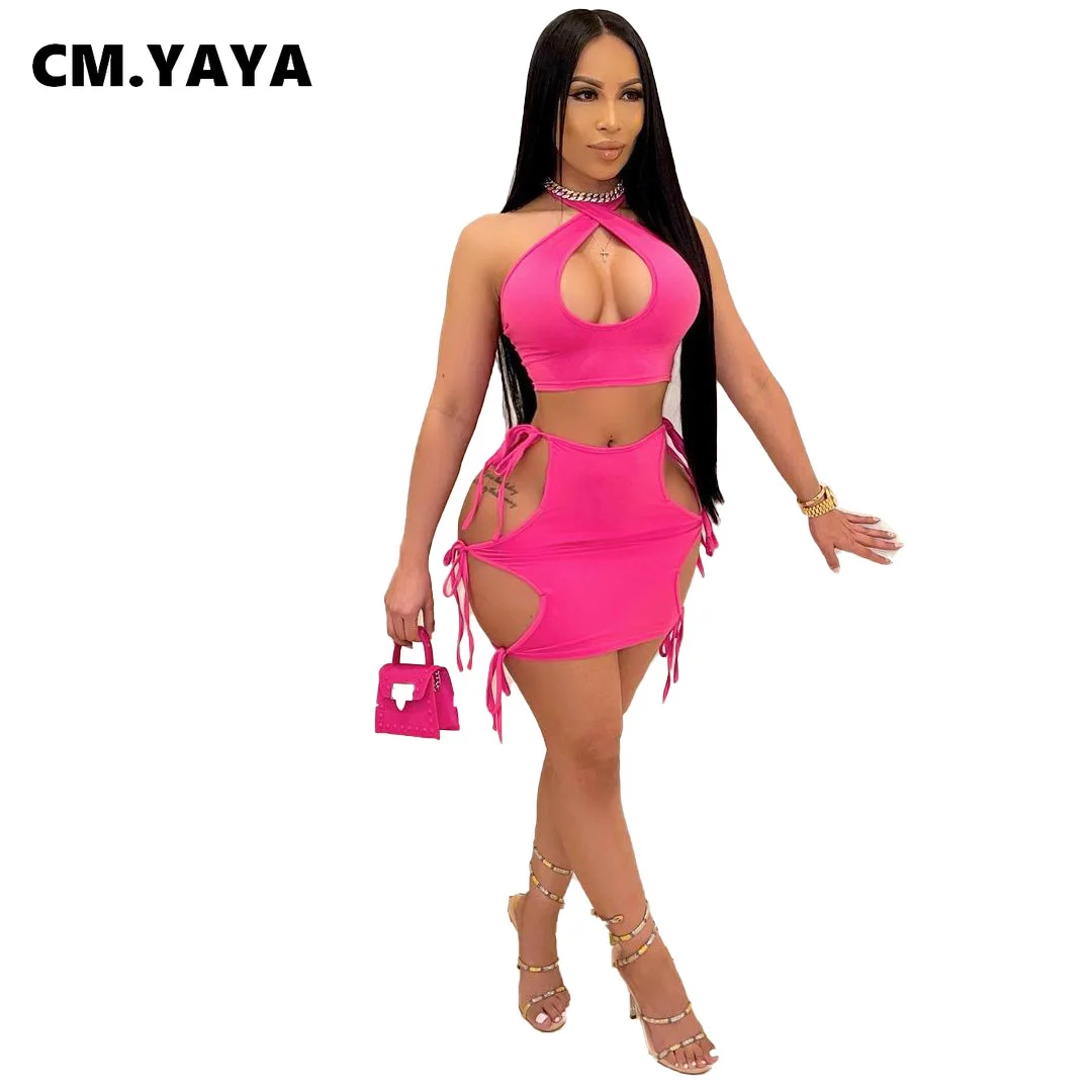 Женский пляжный костюм-двойка CM.YAYA короткий топ и мини-юбка на шнуровке 5 цветов -