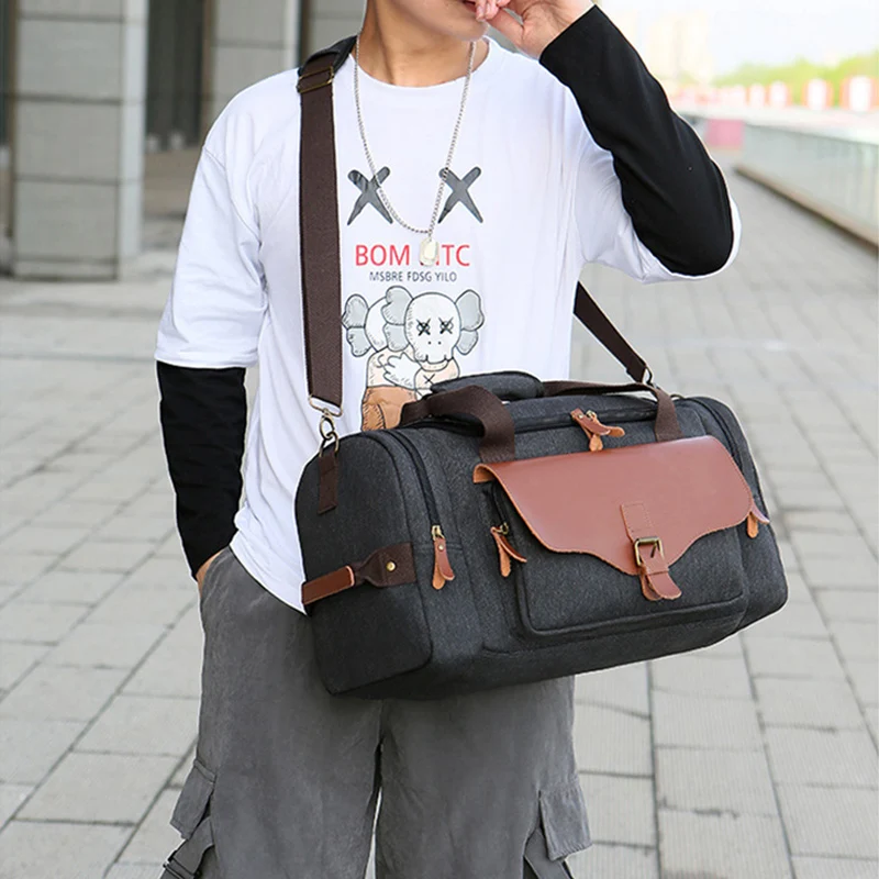 Men's Travel Bag Canvas PU leather Handbags For Business Trip Large Capacity Shoulder Bags Male Duffle Bag Fitness Bags XA72M
