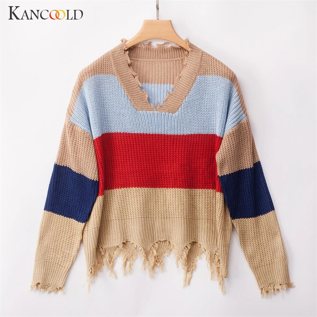 Женский вязаный пуловер с кисточками KANCOOLD глубоким v-образным вырезом и длинным