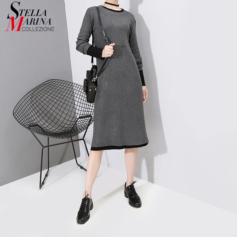 * Новинка 2019 женское осенне-зимнее трикотажное платье-свитер серое черное хаки с