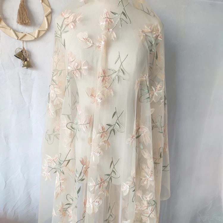 1 метр цена Новинка розовые зеленые цветы листья кружевная ткань абрикосовая