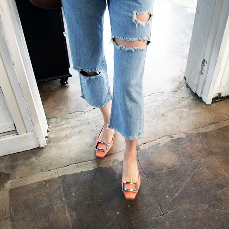 

2020 Autumn and Winter Fashion Flat Shoes Square Head Shallow Mouth Metal Decoration Casual Shoes Size 33-46 Silver Orange
