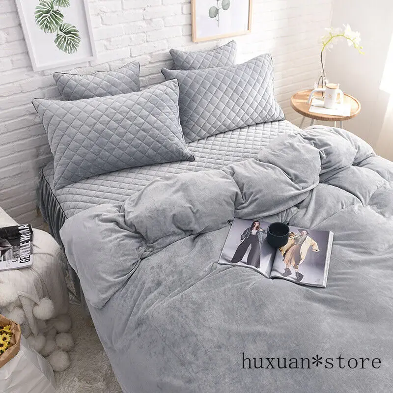 

Crystal Velvet Pure Color Bedding Set Duvet Cover Thick Bed Skirt Pillowcases