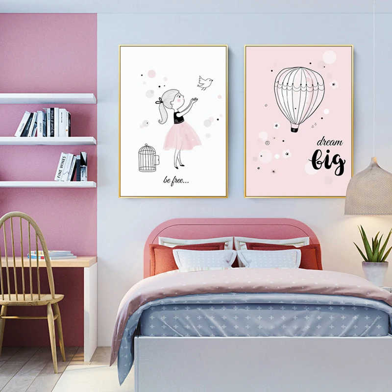 Детские Мультяшные плакаты розовая девушка воздушный шар Картина на холсте для