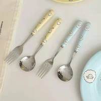 fork spoon stainless steel cute cartoon children table small ceramics handle tableware yellow and blue two piece set homehold
