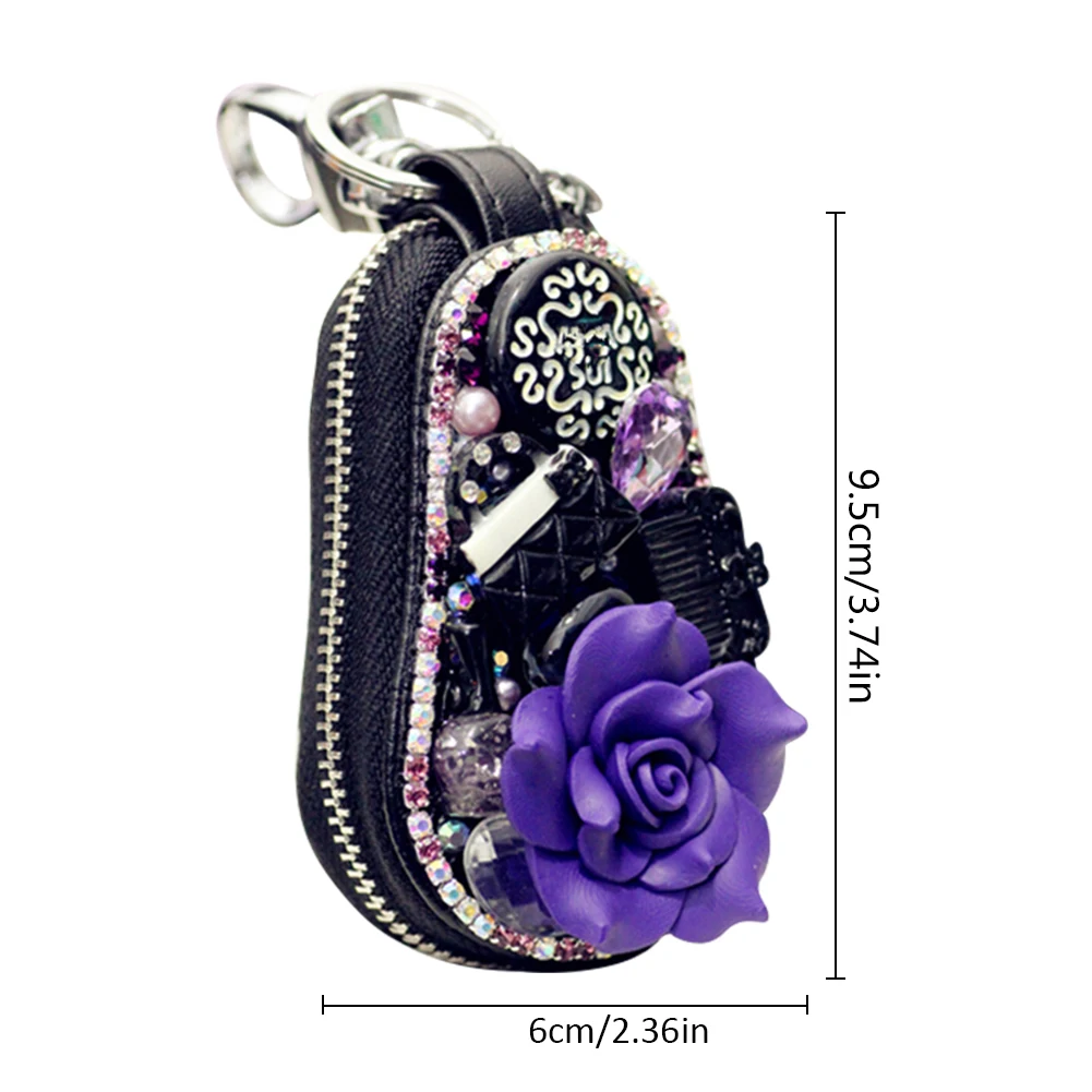 

Key Bag Case Rose Flower Shiny Rhinestone Inlaid Key Case Zipper Key Case For Car Key Accessories