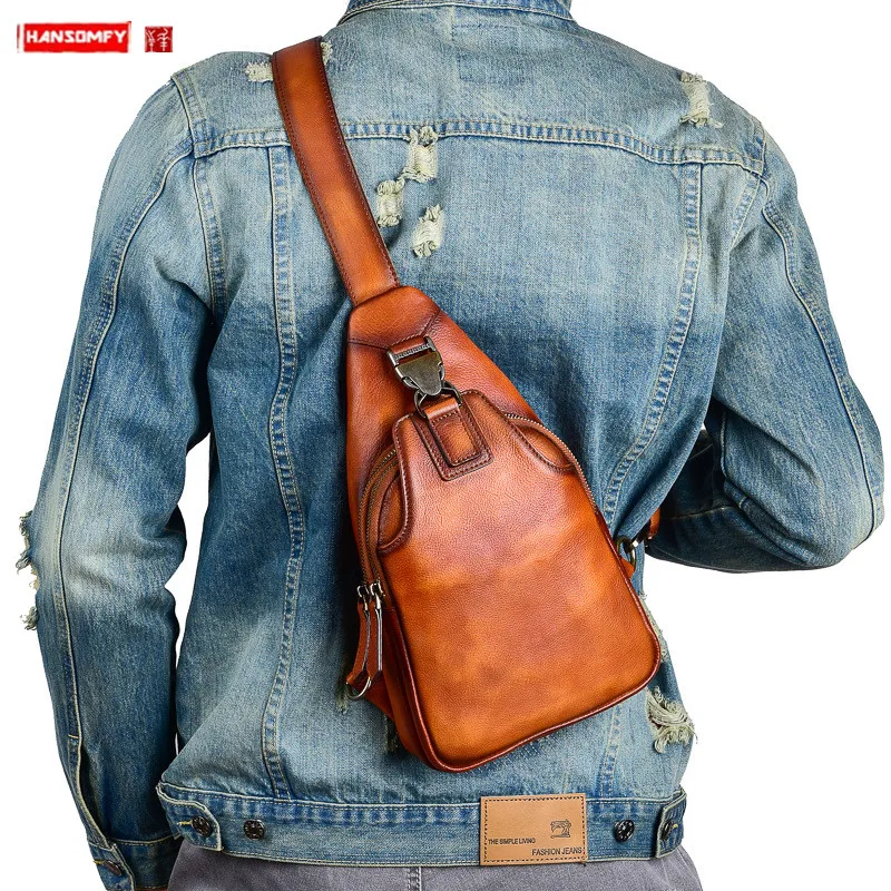New Cowhide Leather Men Chest Bag Vintage Male Shouler Messenger Bag casual Short Trip Chest Pack crossboday Bags