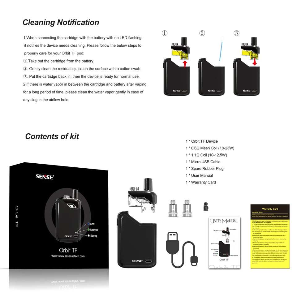 Оригинальный Sense Orbit TF Комплект Pod система стартер Vape 1100 мАч батарея 3 мл