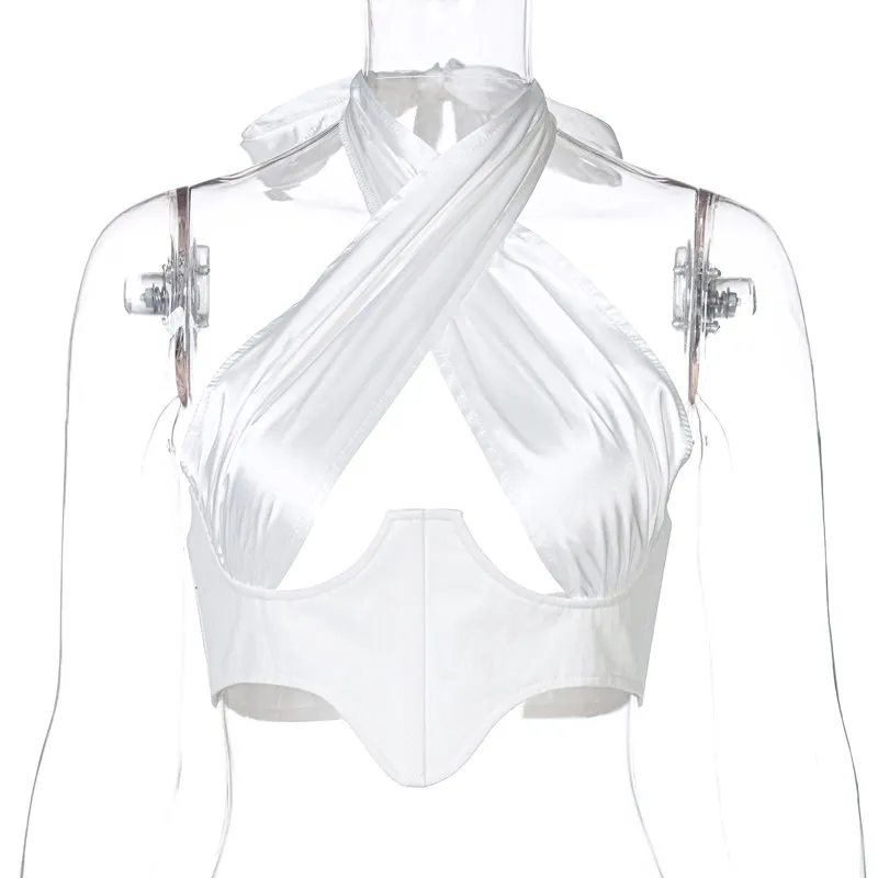 Женский укороченный топ с лямкой через шею летний пикантный однотонный без