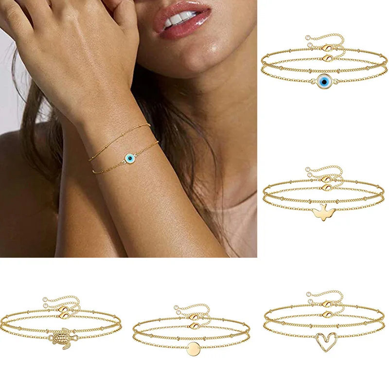 

Fashion 2 Pcs Copper Simple Women Turkish Evil Eye Turtle Bird Geometric Chain Bracelet Charm Summer Beach Party Jewelry Gift