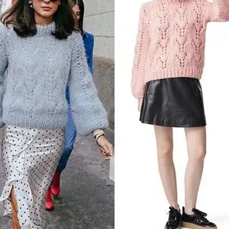 

Spring and Autumn New Round Neck Long Sleeve Lantern Sleeve Hollow Loose Knit Pullover Casual Versatile Sweater