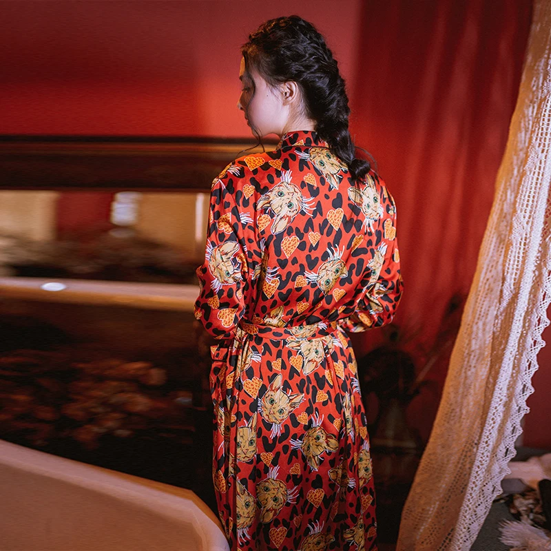 В стиле ретро с принтом кота пижамы женские комплекты 2 предмета халаты + штаны