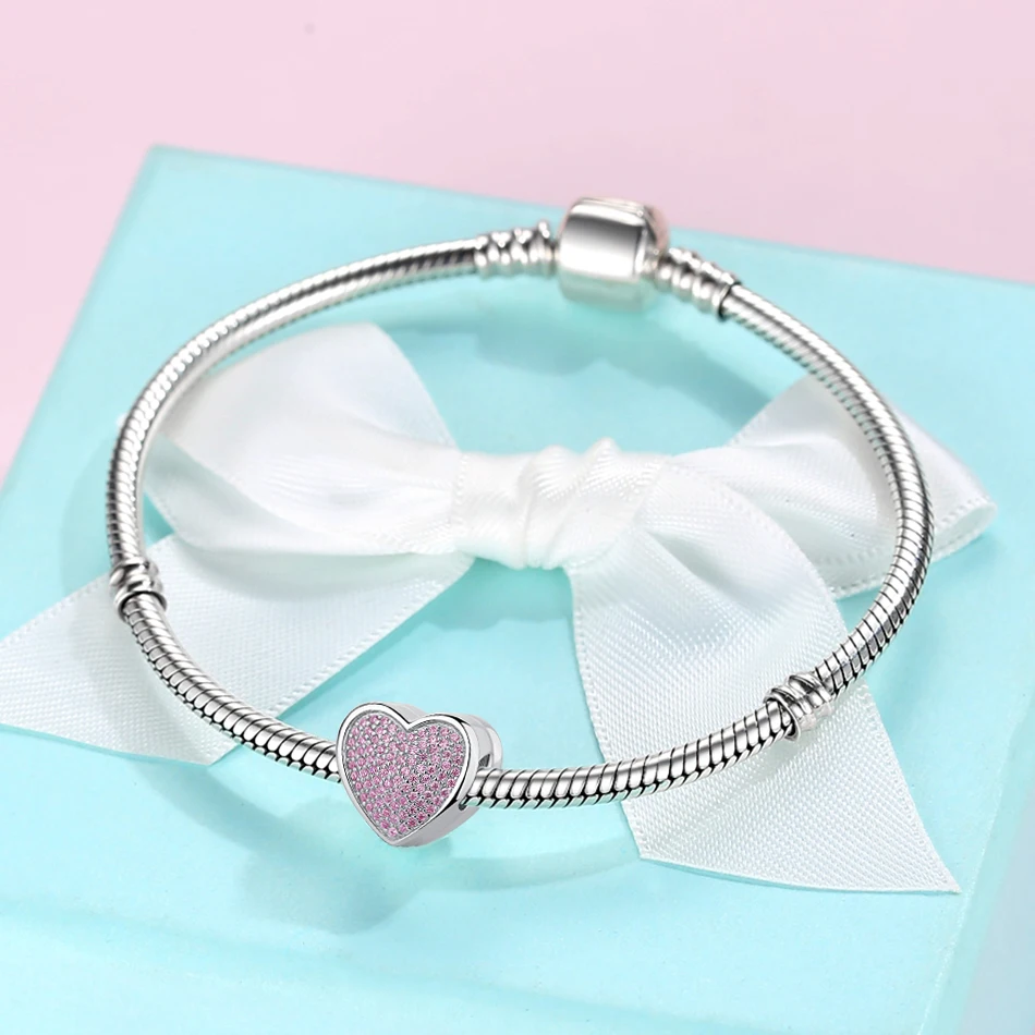 925 Sterling Silver Pink Crystal Heart Beads Charm Fit Original Bracelets Bangles DIY Personalized Custom Photo Wedding Jewelry | Украшения