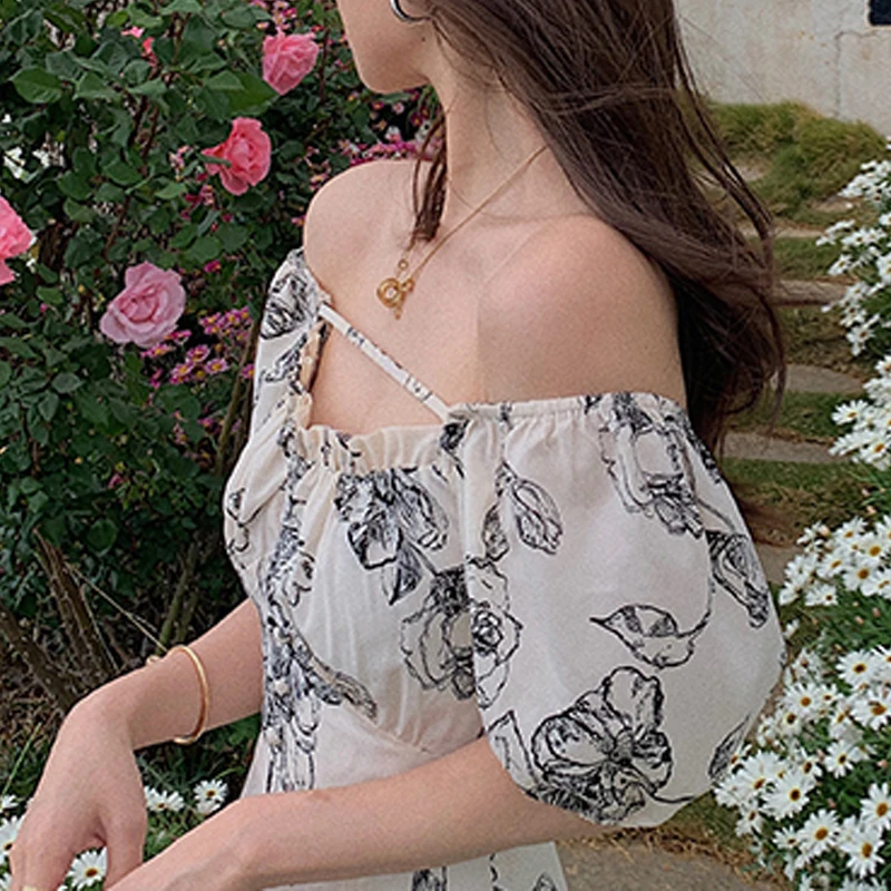 

Design Vintage Sexy Dresses Women Short Sleeve Floral Nidi Dresses Ladies Elegant Korean Fashion Square Coolar 2021 Summer Y2K