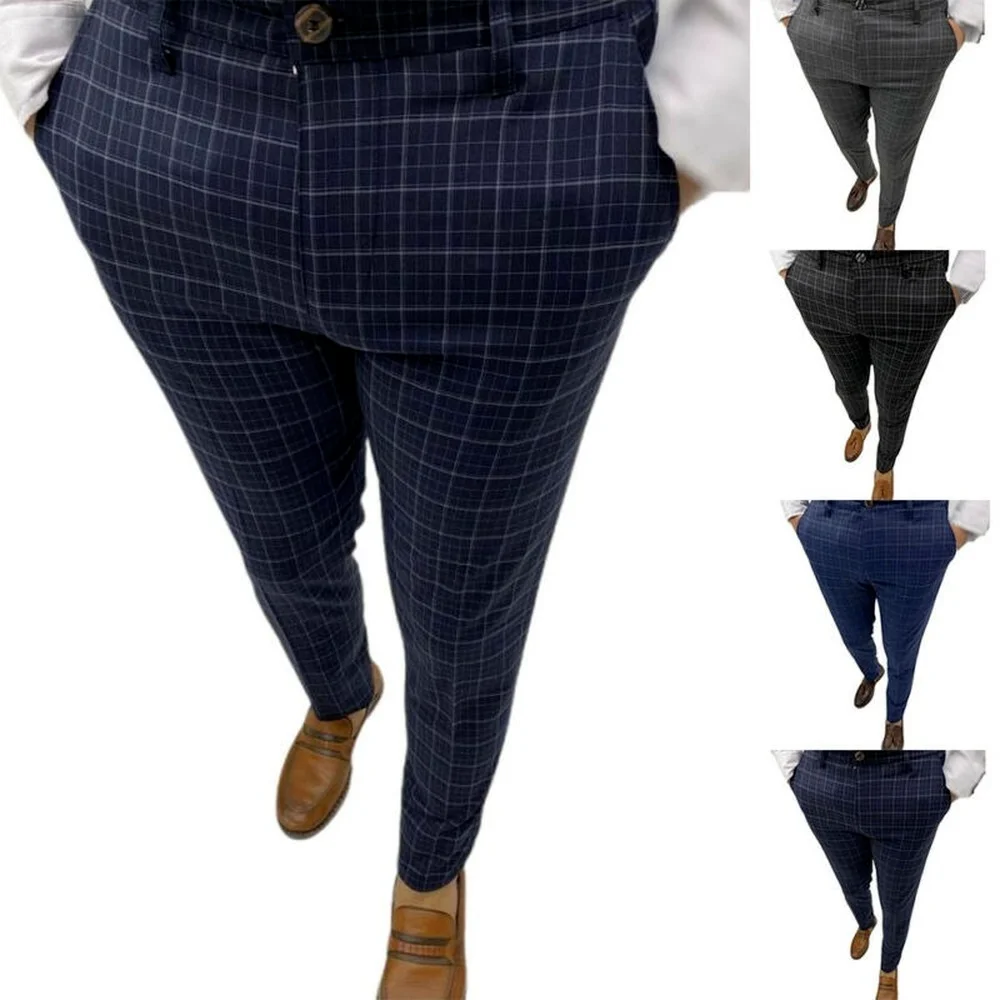 

New Men's Fashion Slim Skinny Tianzi Plaid Casual Pants Men's Trousers