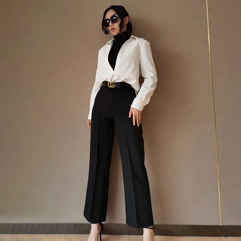 

Spring New Two Piece Suits Straight High Waist Suit Pants V Neck Top OL Professional Women's Korean Version Solid Slim Trousers